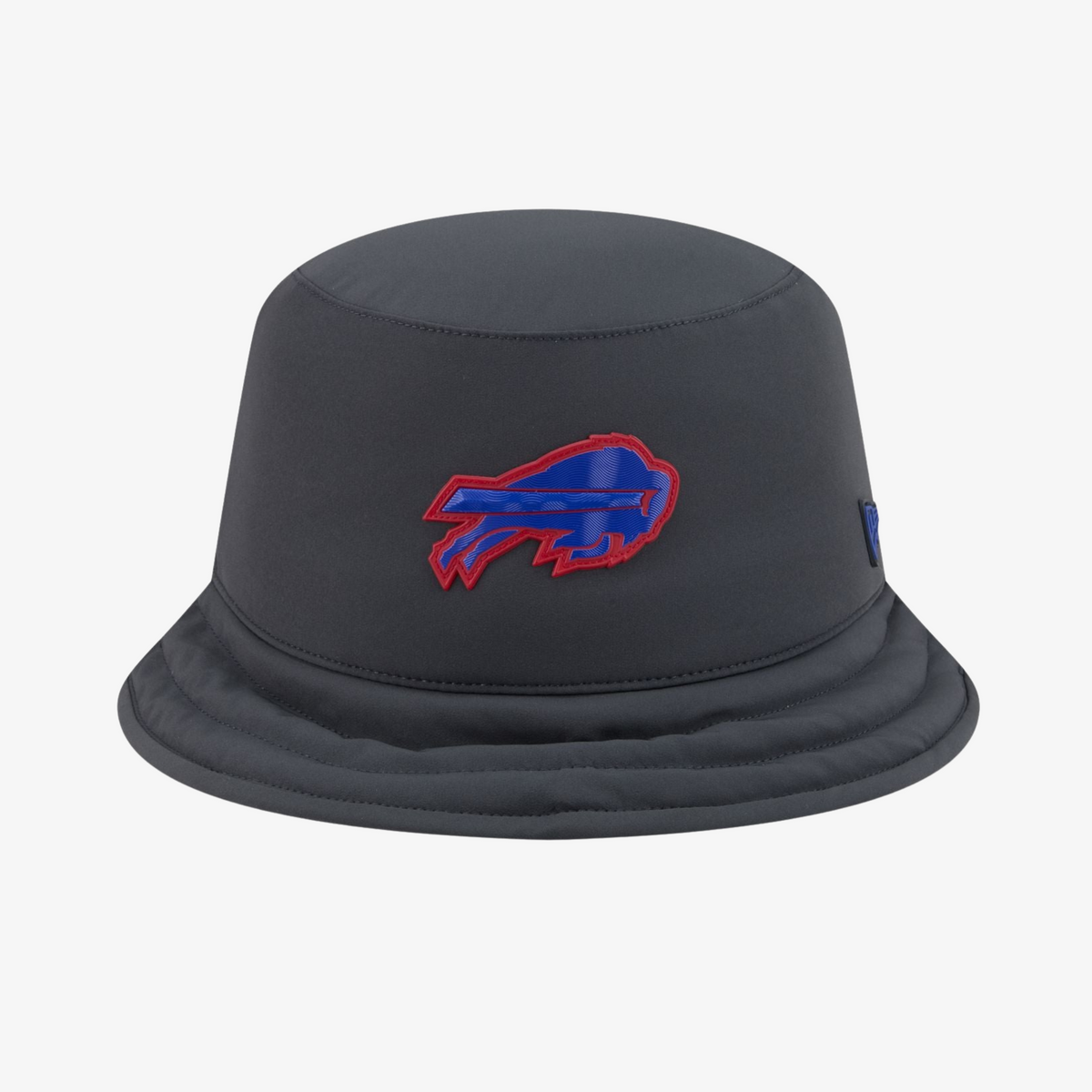 New Era Buffalo Bills 2026 Sideline Cold Weather graphite gray bucket hat featuring a raised royal blue and red charging buffalo logo, rounded crown, and stitched brim.