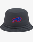 New Era Buffalo Bills 2026 Sideline Cold Weather graphite gray bucket hat featuring a raised royal blue and red charging buffalo logo, rounded crown, and stitched brim.