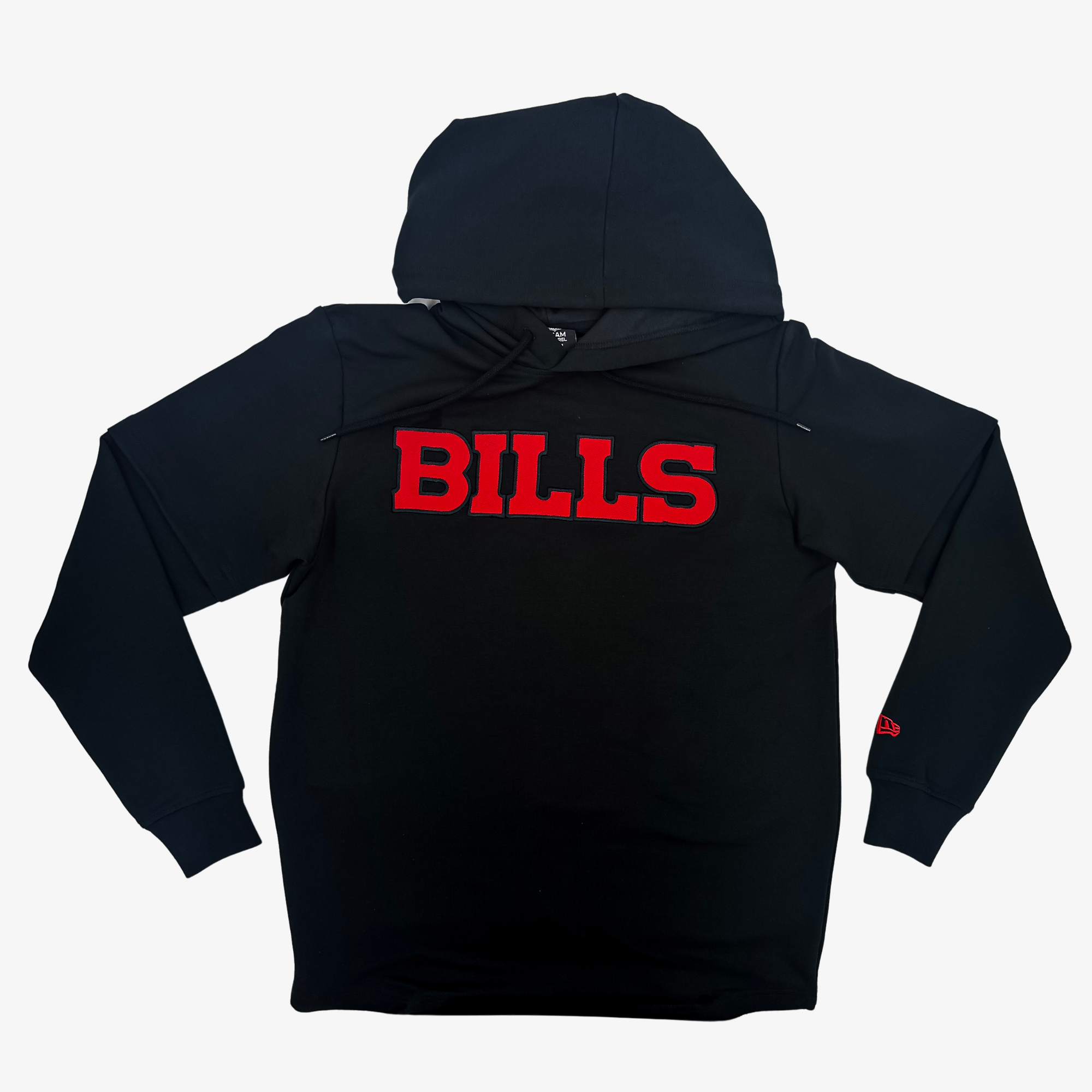 A black hooded sweatshirt shown from the back, featuring the word 'BILLS' printed in bold red letters across the upper back. The hoodie is displayed flat against a light gray background.