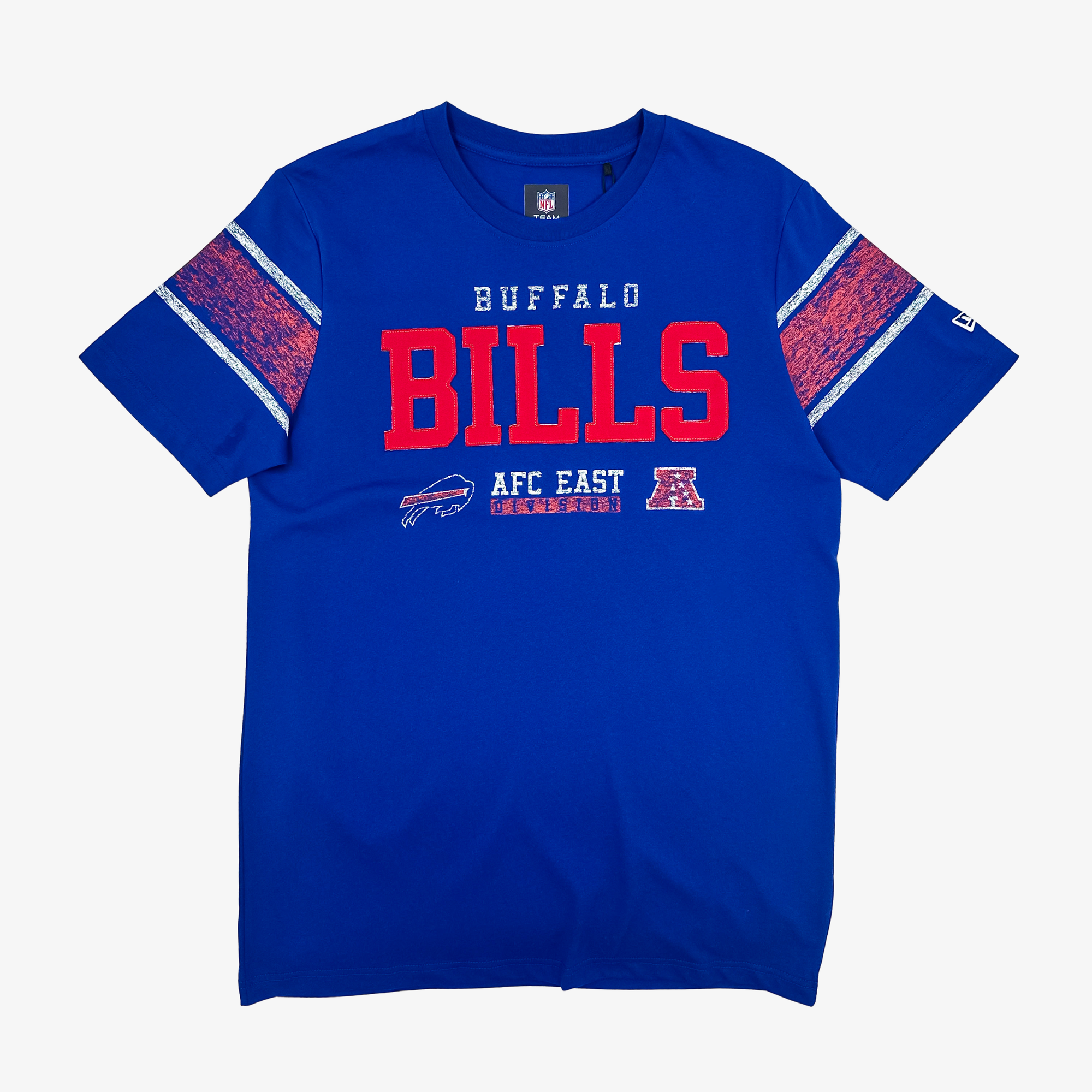 A royal blue short-sleeve t-shirt with Buffalo Bills graphics, featuring 'BUFFALO BILLS' in red and white on the front, and distressed red and white sleeve stripes.