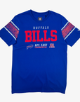 A royal blue short-sleeve t-shirt with Buffalo Bills graphics, featuring 'BUFFALO BILLS' in red and white on the front, and distressed red and white sleeve stripes.