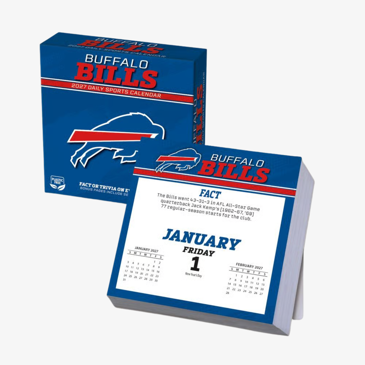 Buffalo Bills 2027 Daily Sports Desk Calendar featuring royal blue packaging with the charging buffalo logo and a January 1 calendar page displaying Bills trivia.