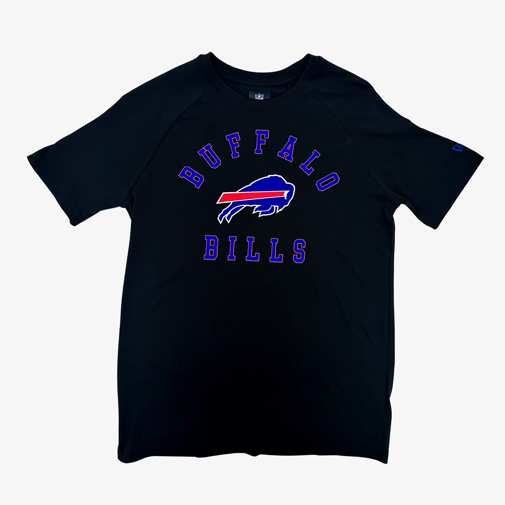 A black short-sleeve raglan t-shirt featuring a Buffalo Bills graphic on the chest with 'BUFFALO BILLS' in blue and a charging buffalo logo in blue, red, and white.