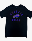 A black short-sleeve raglan t-shirt featuring a Buffalo Bills graphic on the chest with 'BUFFALO BILLS' in blue and a charging buffalo logo in blue, red, and white.