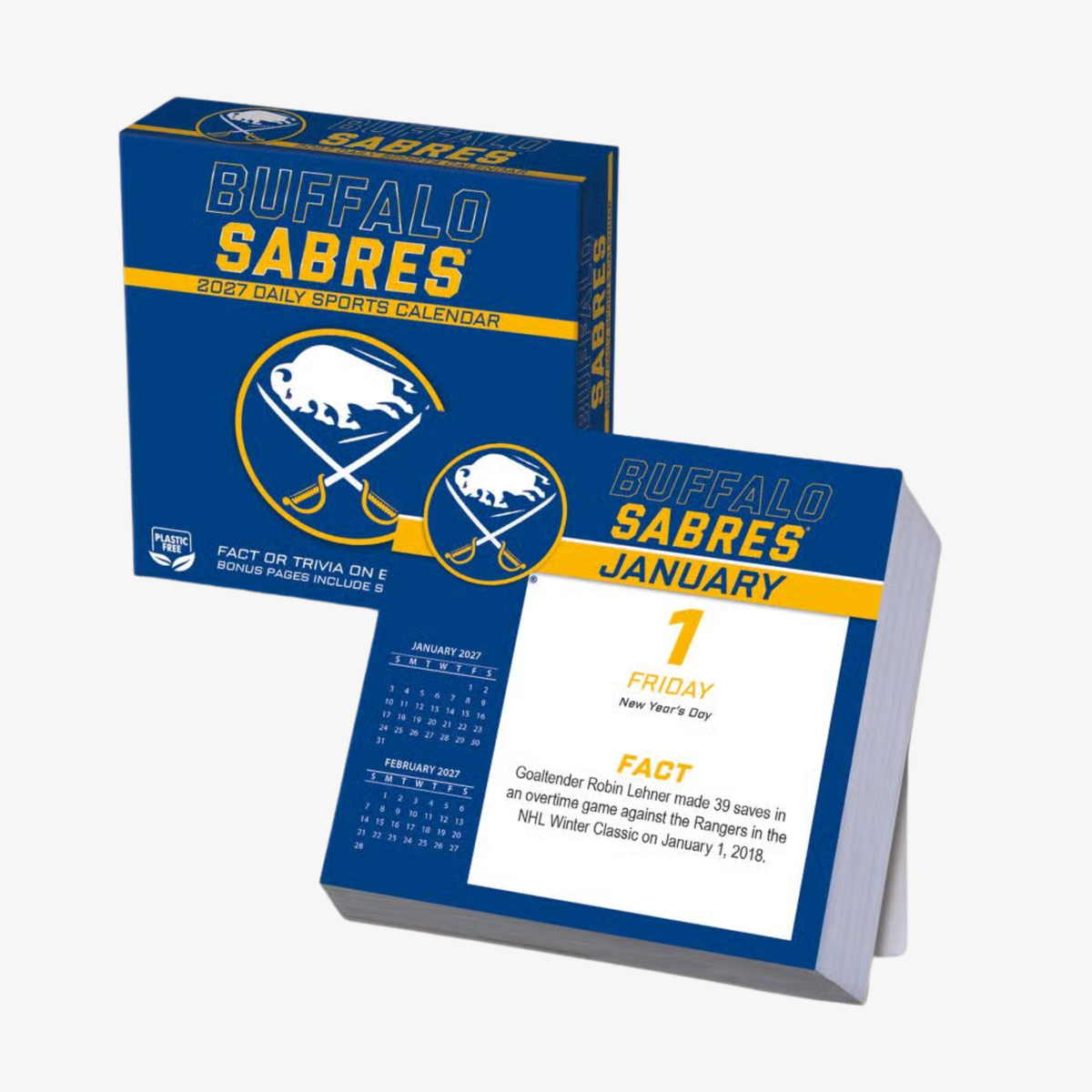 Buffalo Sabres 2027 Daily Sports Desk Calendar featuring royal blue and gold packaging, the crossed-swords logo, and a January 1 calendar page with Sabres trivia.
