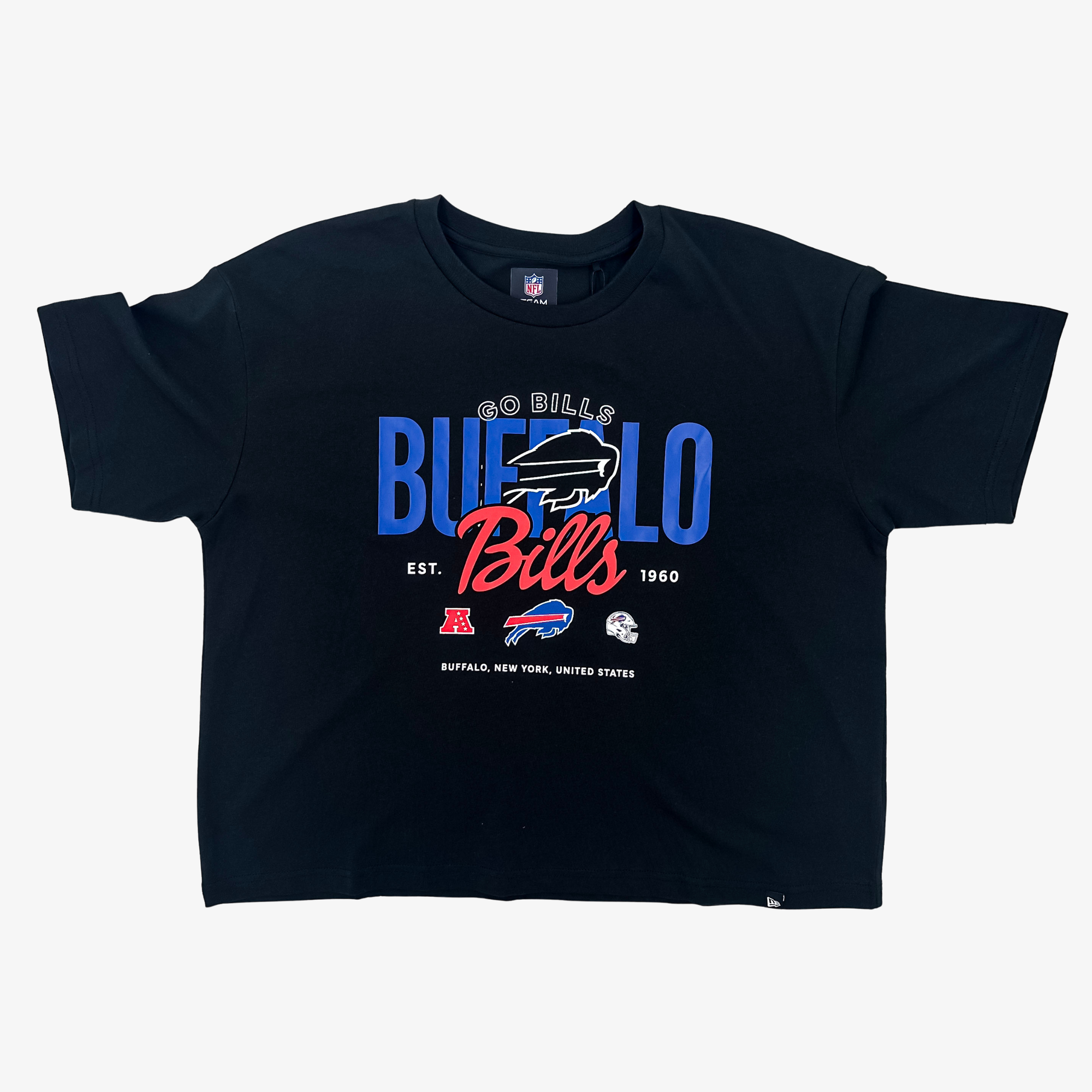 A black Buffalo Bills graphic t-shirt featuring a blue and red front print with team logos and text, displayed flat against a light gray background.