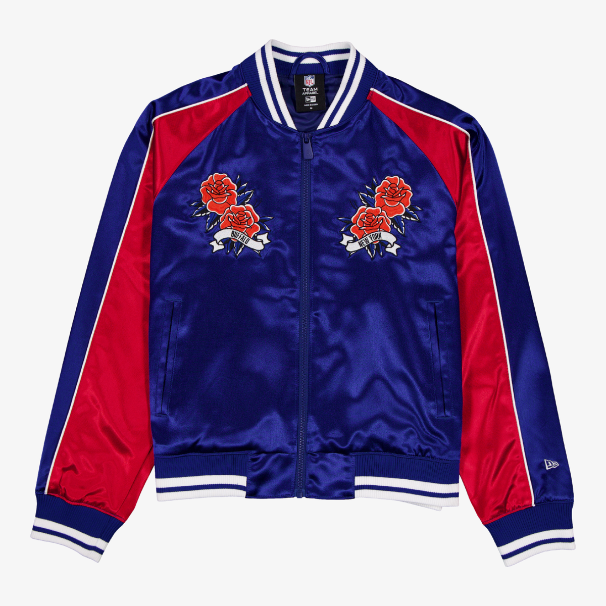 New Era Women's Buffalo Bills royal blue and red satin jacket with embroidered roses and large team logo on back