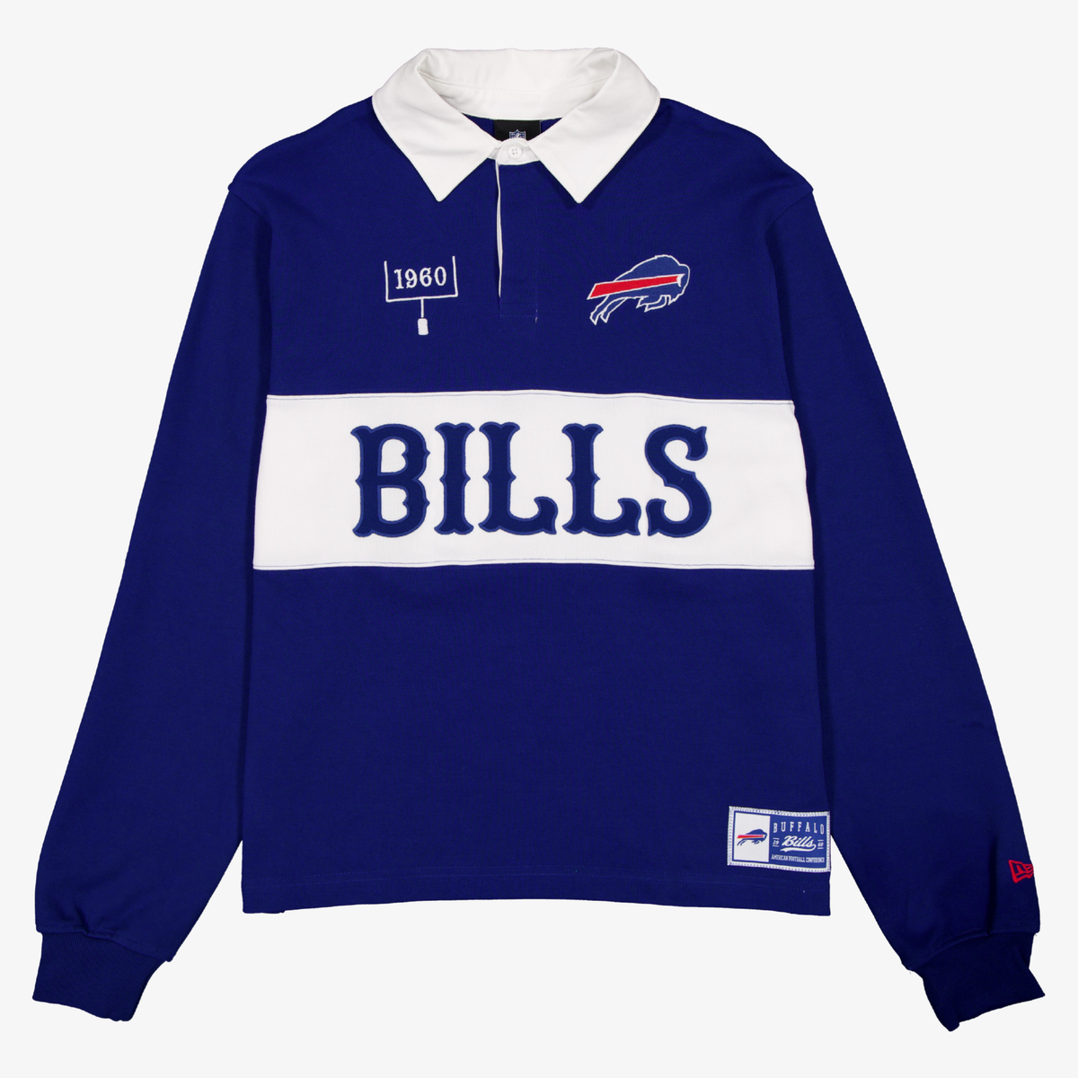 New Era Buffalo Bills royal heavyweight rugby polo with white collar and Bills lettering