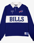 New Era Buffalo Bills royal heavyweight rugby polo with white collar and Bills lettering