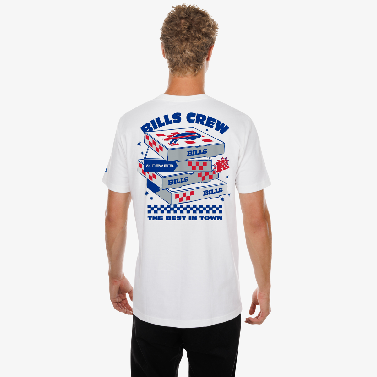 New Era Buffalo Bills white T-shirt with small front team logo and large Bills Crew graphic on back