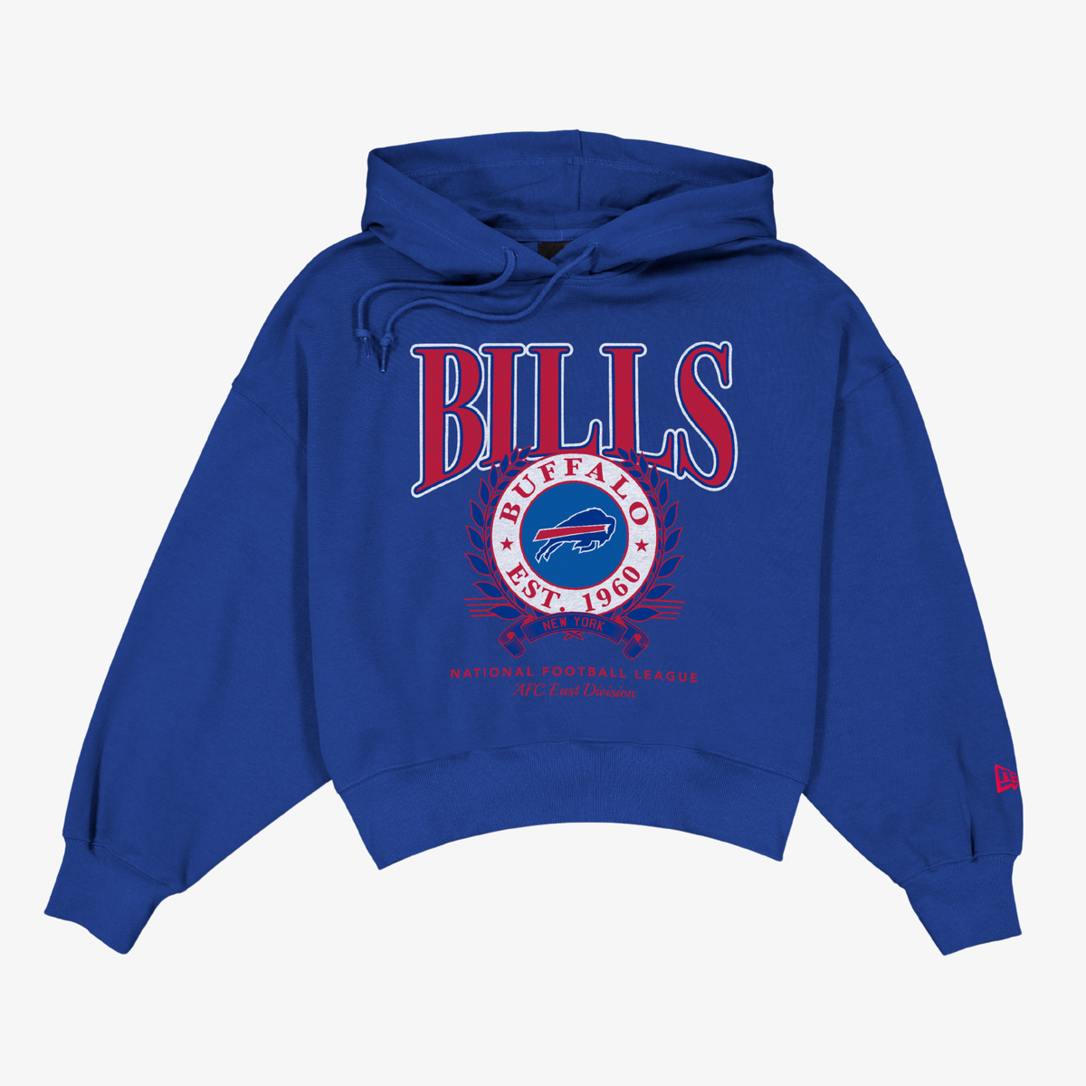 New Era Women's Buffalo Bills royal blue cropped hoodie with Bills lettering and 1960 crest graphic