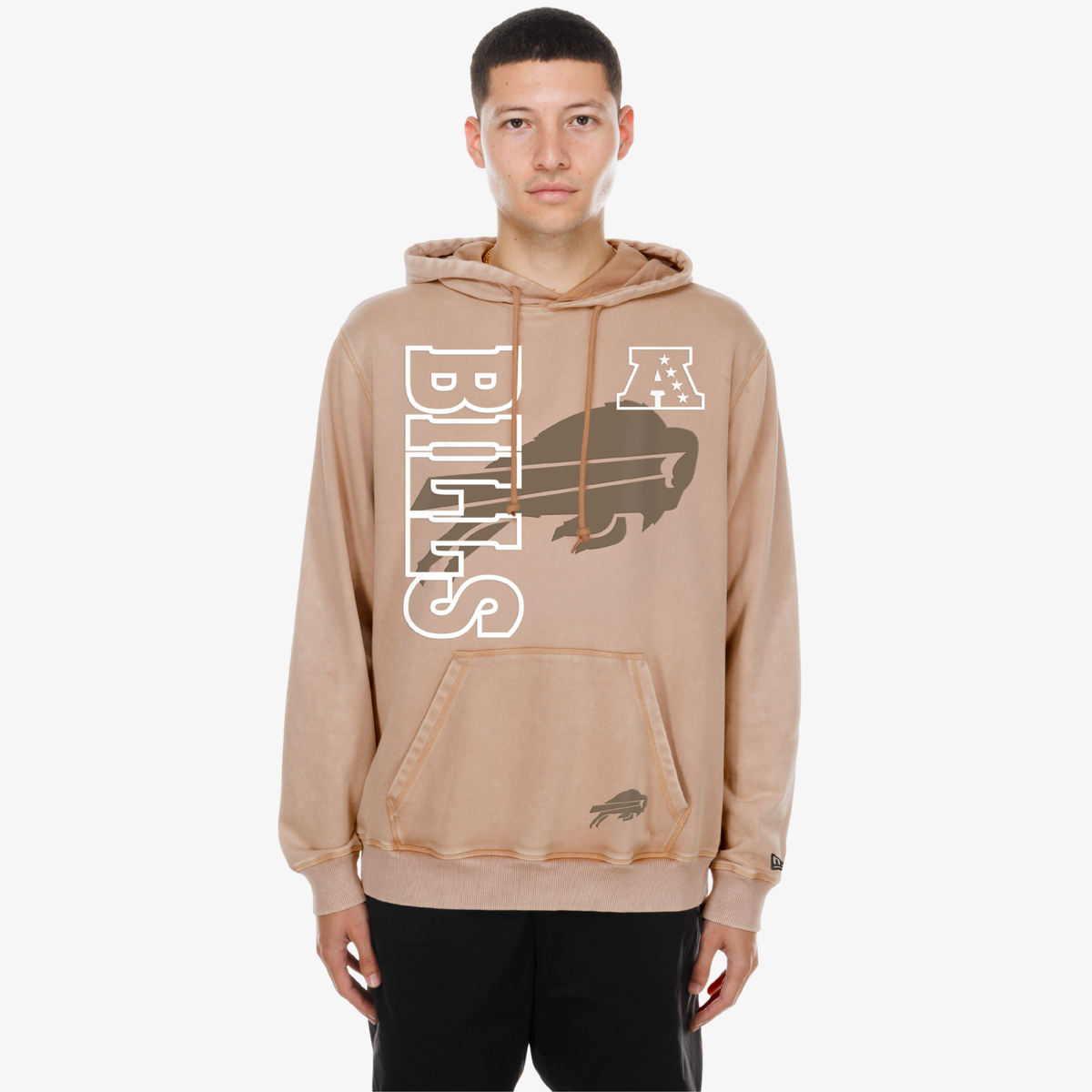 New Era Buffalo Bills tan pullover hoodie with oversized tonal team logo and vertical Bills lettering