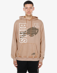 New Era Buffalo Bills tan pullover hoodie with oversized tonal team logo and vertical Bills lettering