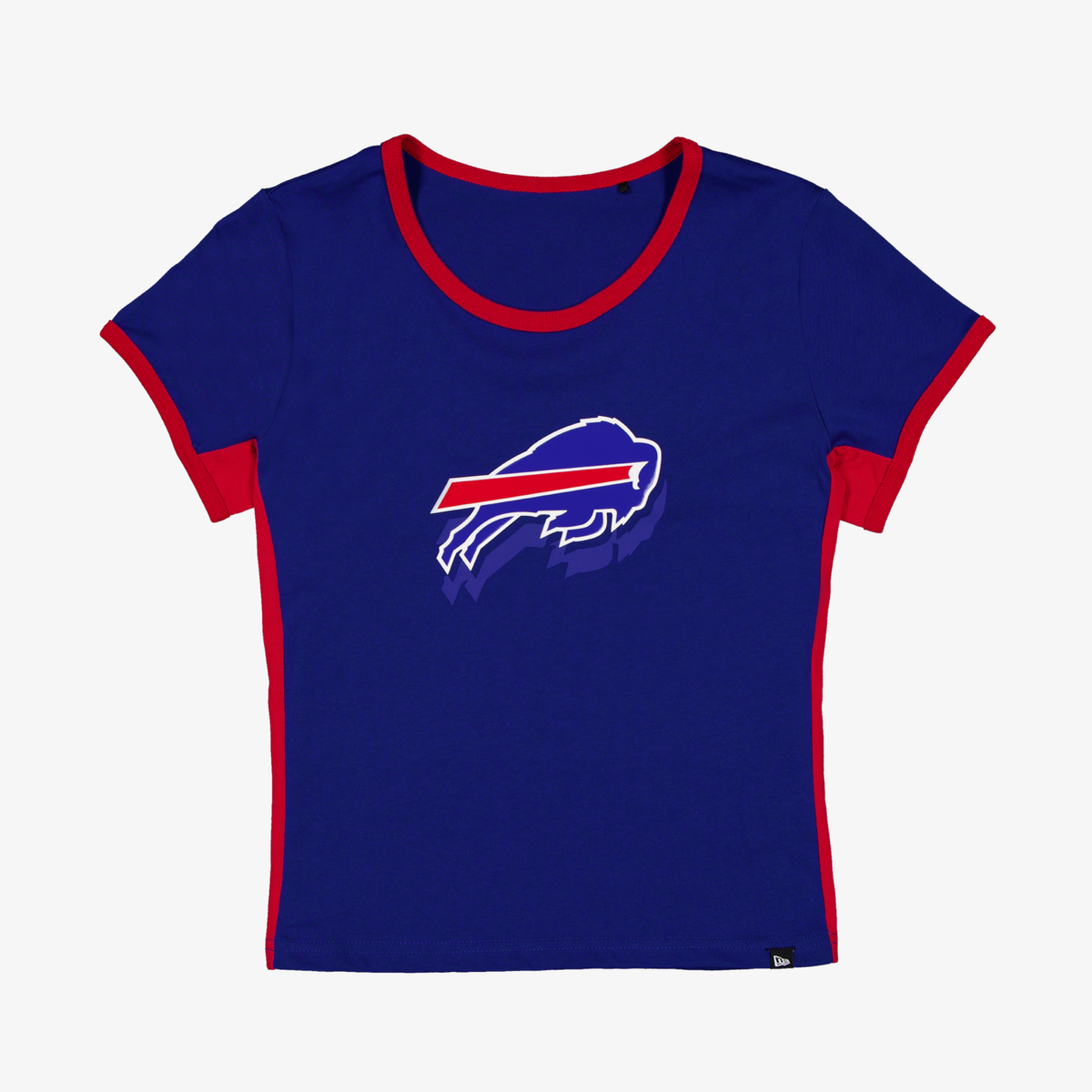 New Era Women's Buffalo Bills royal blue cropped ringer T-shirt with red trim and team logo