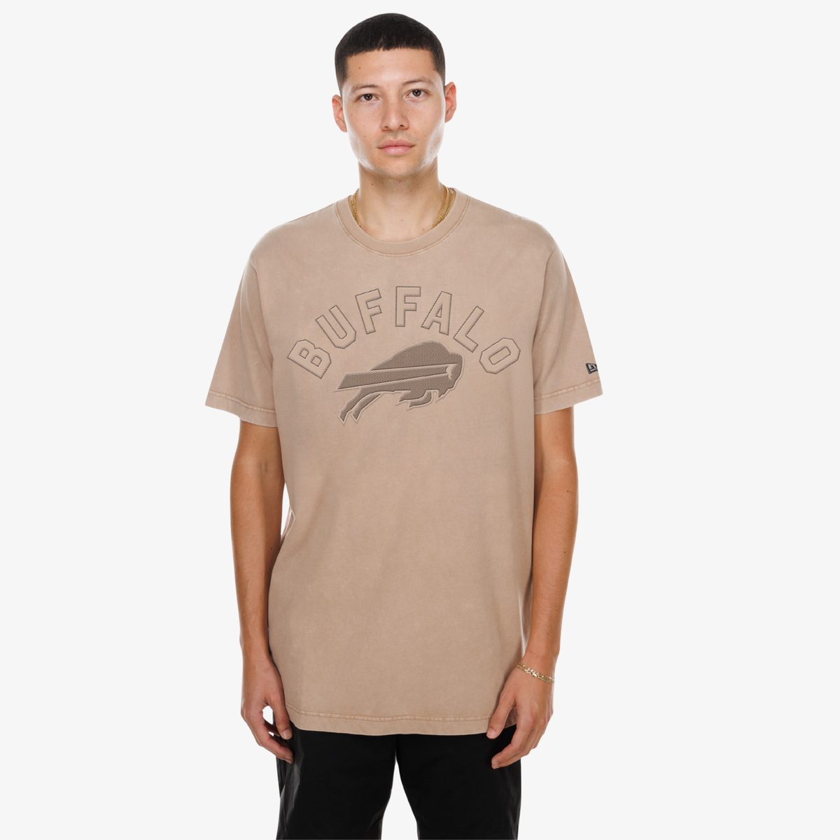 New Era Buffalo Bills tan T-shirt with arched Buffalo lettering and tonal team logo