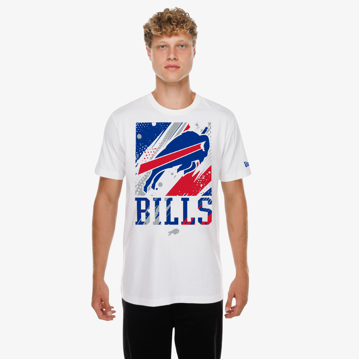 New Era Buffalo Bills white T-shirt with oversized team logo, Bills lettering and red and blue paint-splatter graphics