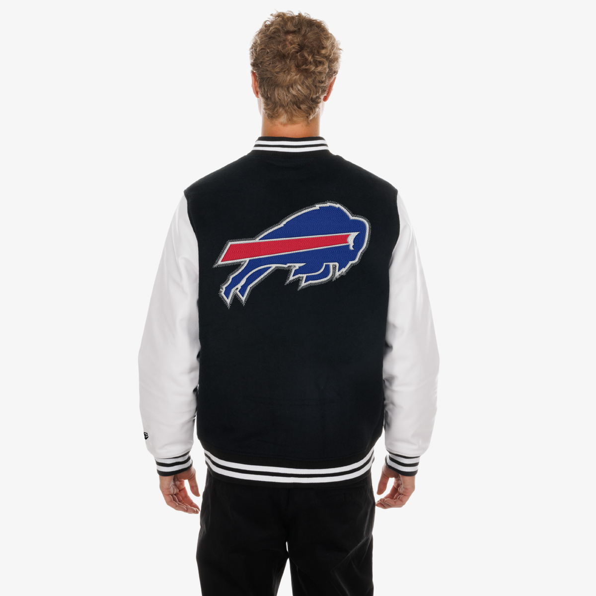 New Era Buffalo Bills black and white varsity jacket with embroidered chest details and oversized team logo on back