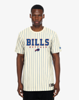 Man wearing a cream New Era Buffalo Bills T-shirt with blue pinstripes and Bills logo