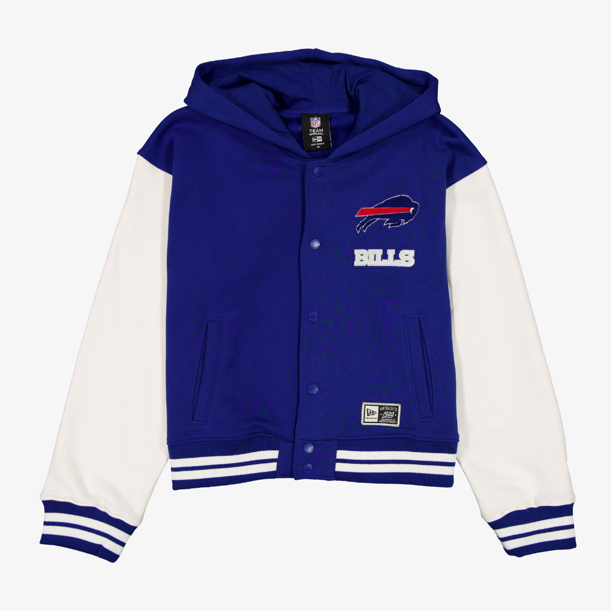 Women's New Era Buffalo Bills royal and cream cropped varsity hooded jacket with embroidered team logo