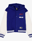 Women's New Era Buffalo Bills royal and cream cropped varsity hooded jacket with embroidered team logo