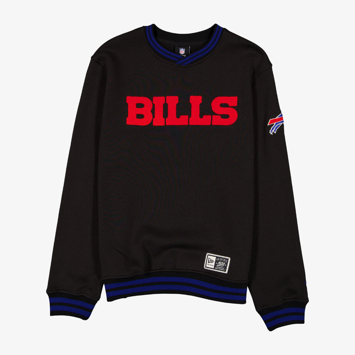New Era Buffalo Bills black crewneck with red BILLS wordmark and blue striped trim