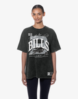 Woman wearing a New Era Buffalo Bills black vintage wash oversized T-shirt with white team graphics