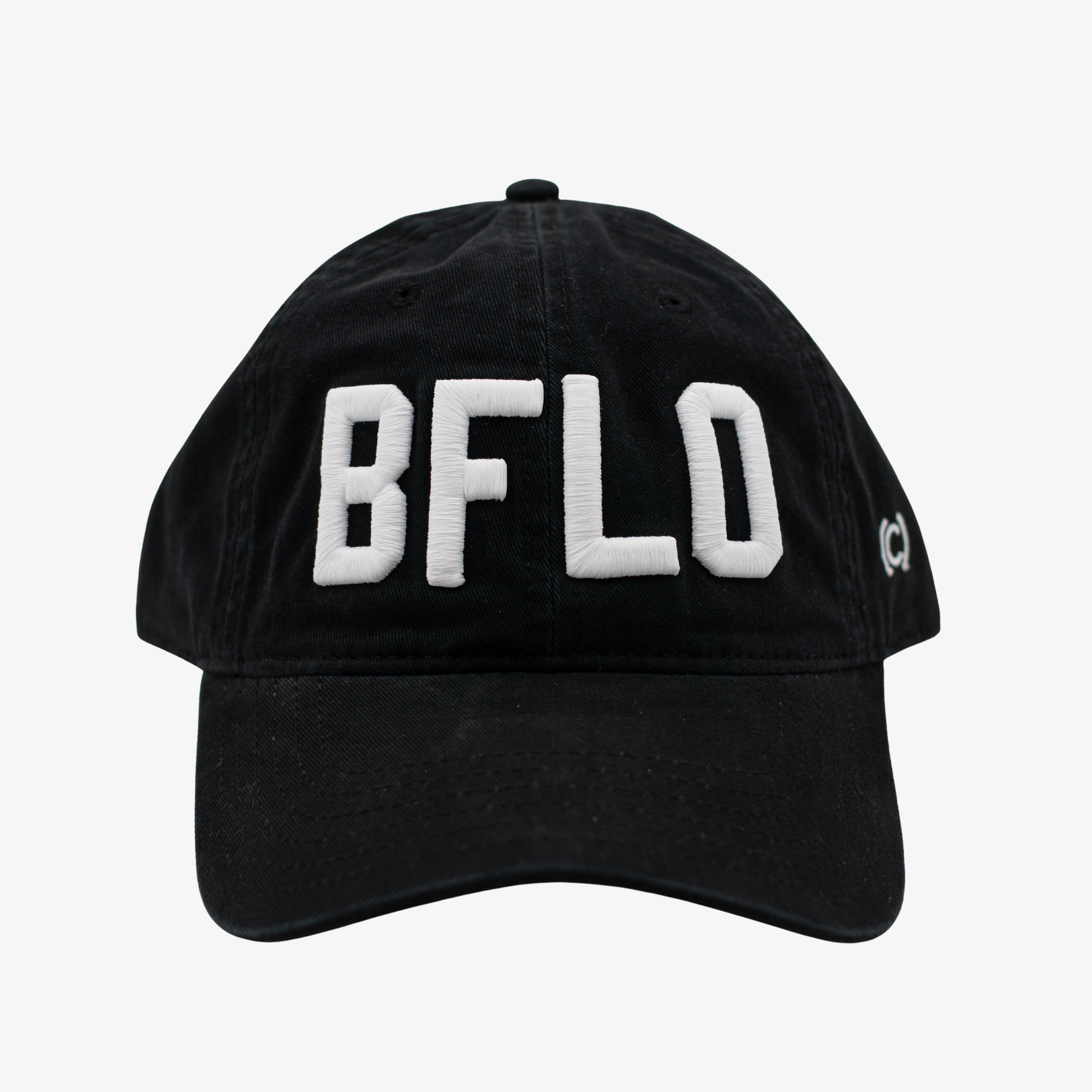 Black cap with 'BFLO' in white on a white background