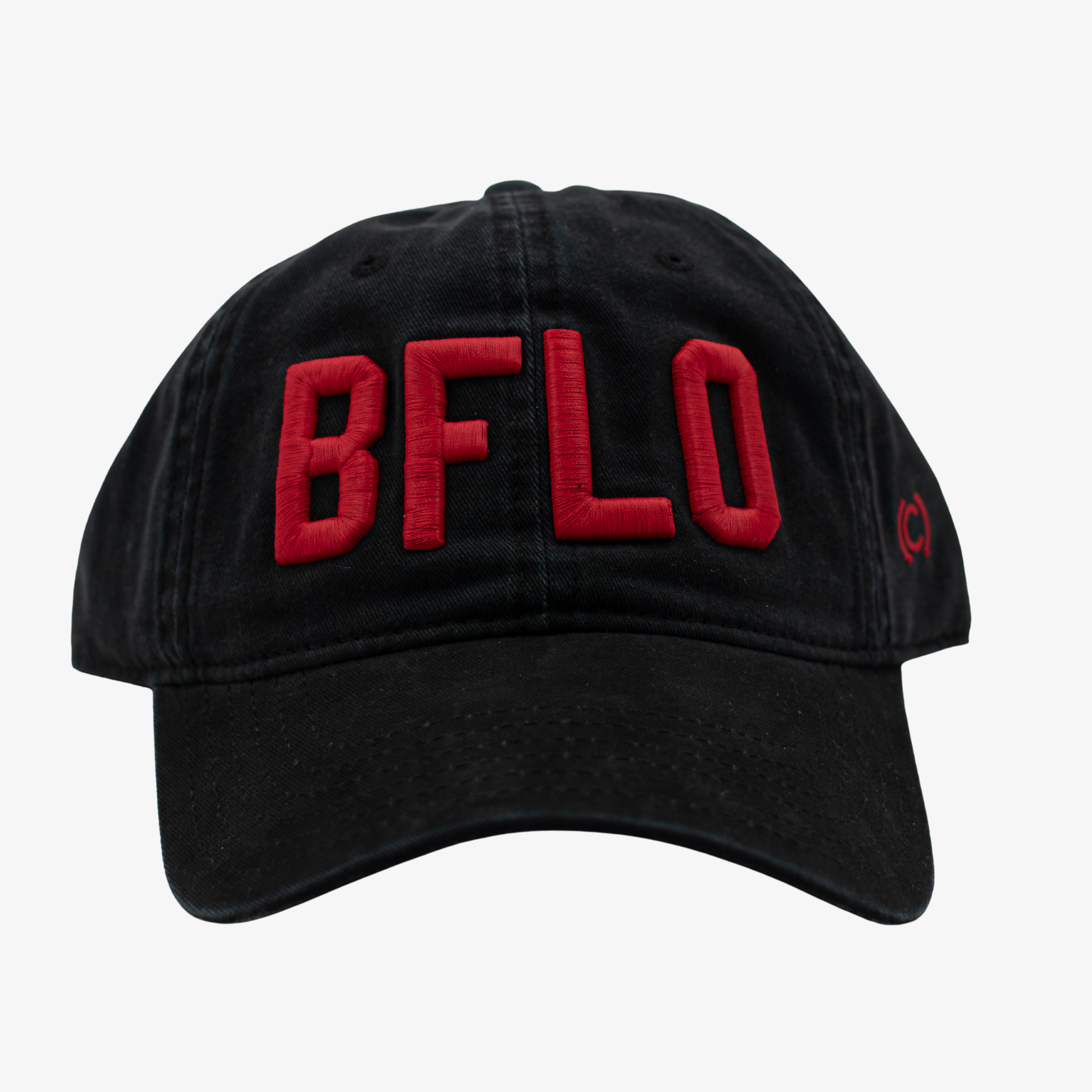 Black cap with red 'BFLO' letters on a white background