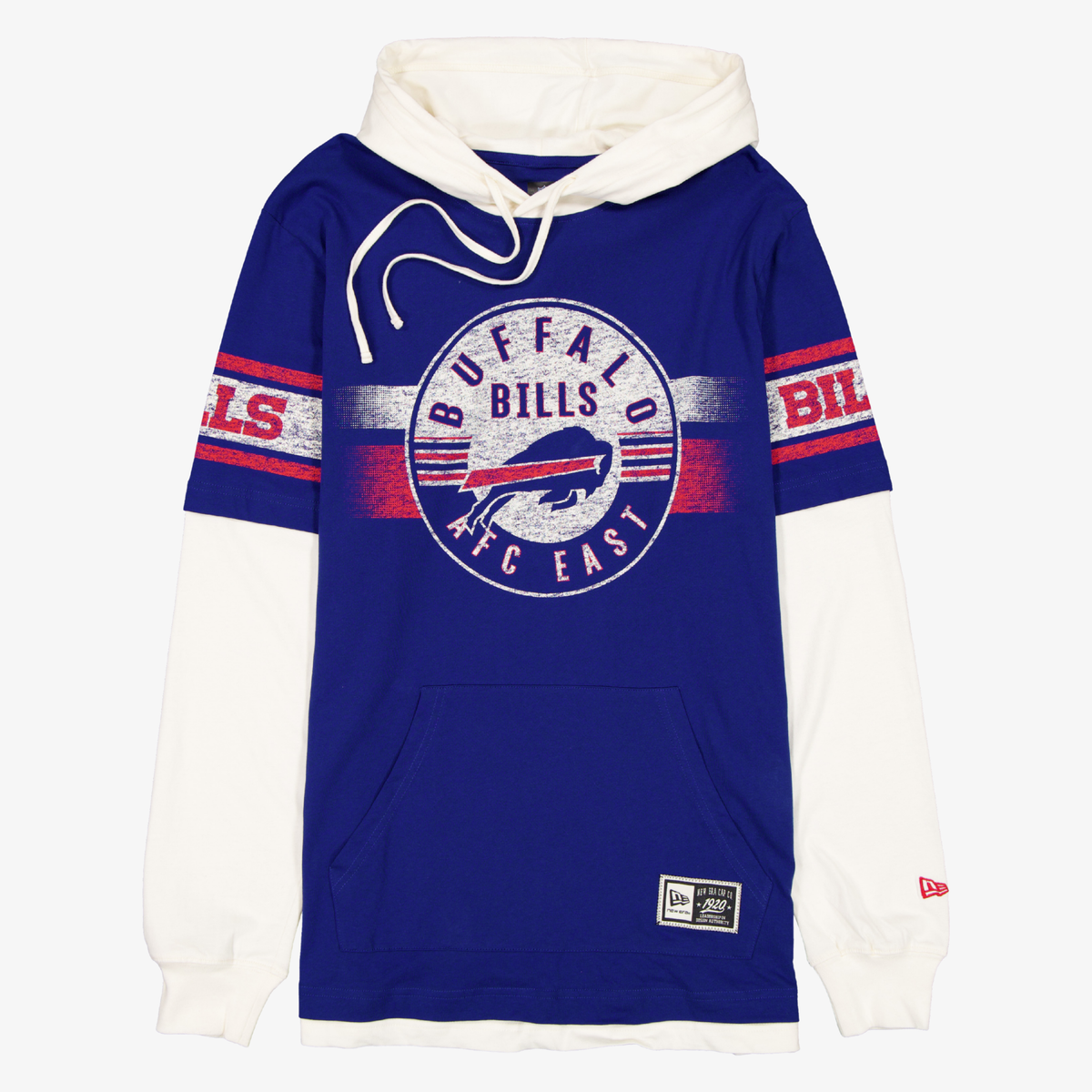 A Buffalo Bills themed pullover hoodie with a royal blue body, white sleeves and hood, featuring a distressed Buffalo Bills AFC East logo on the chest and red and white striped details on the sleeves.