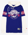 A Buffalo Bills themed pullover hoodie with a royal blue body, white sleeves and hood, featuring a distressed Buffalo Bills AFC East logo on the chest and red and white striped details on the sleeves.