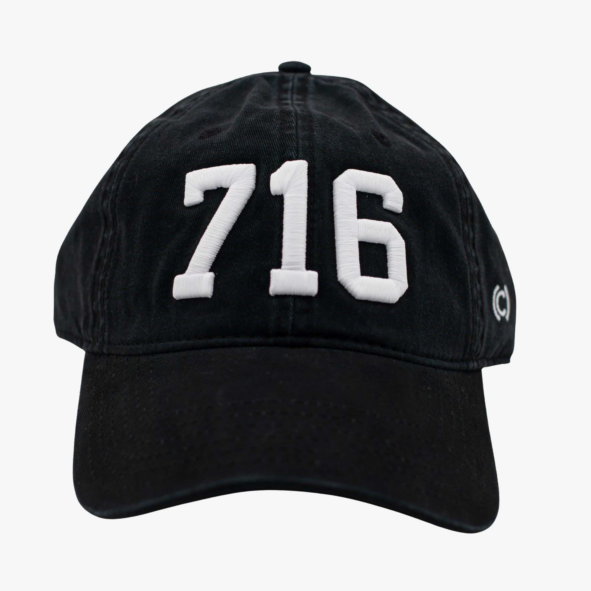 Black cap with '716' embroidered on a white background