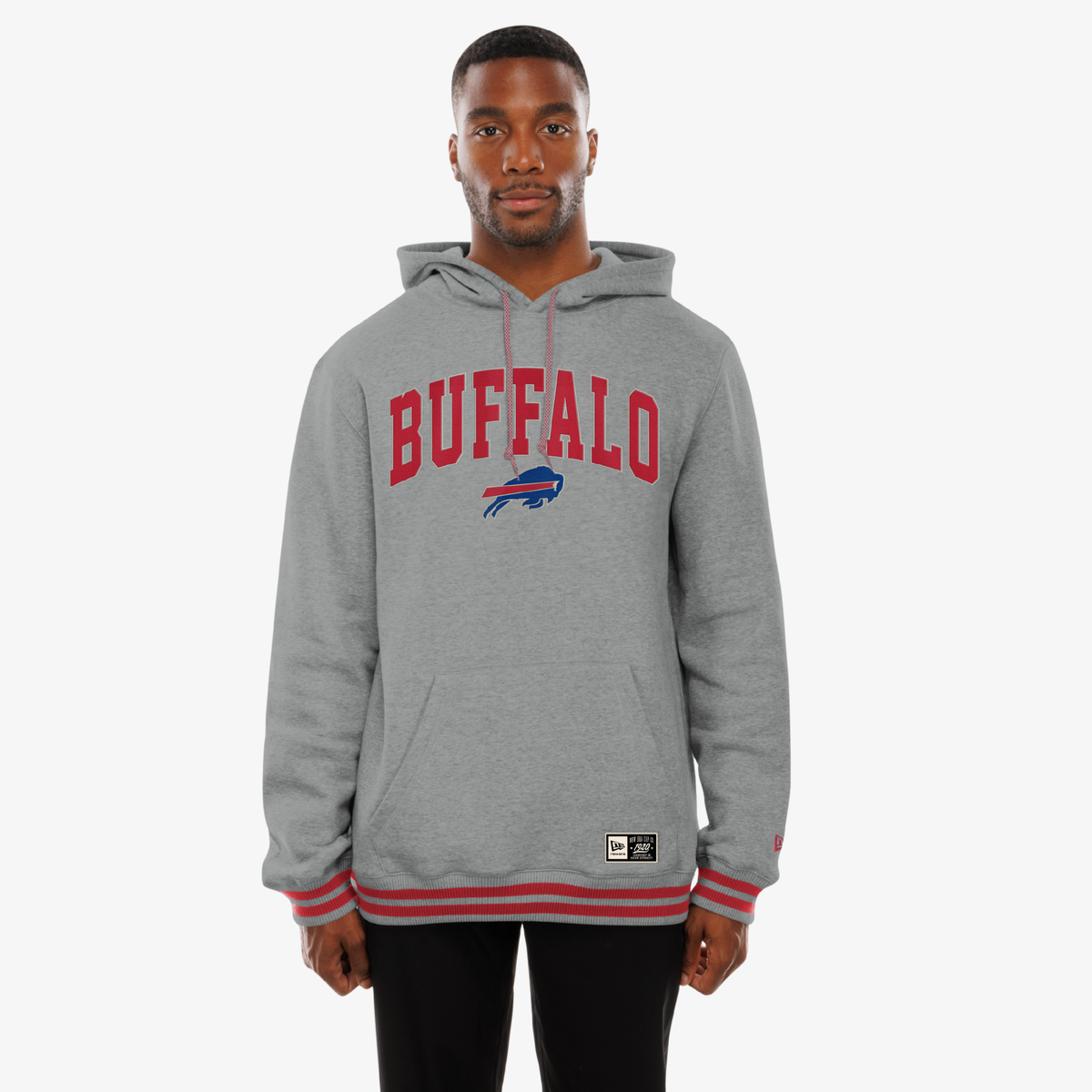 New Era Buffalo Bills heather gray hoodie with red BUFFALO wordmark and team logo
