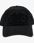 Black cap with '716' embroidered on a white background