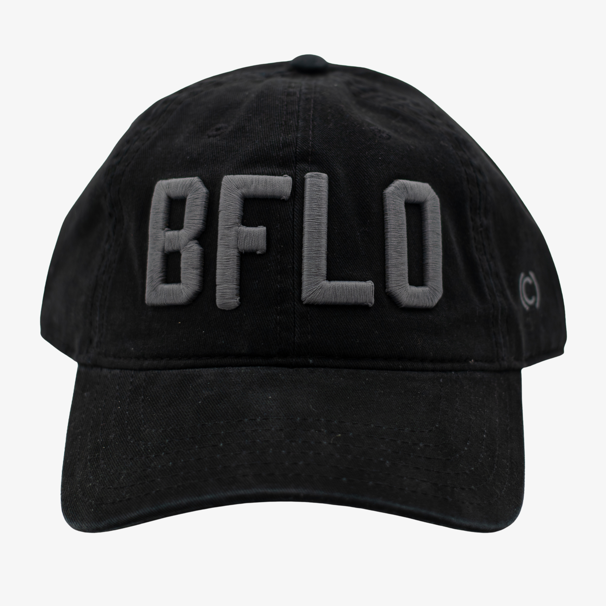 Black cap with 'BFLO' text on a white background