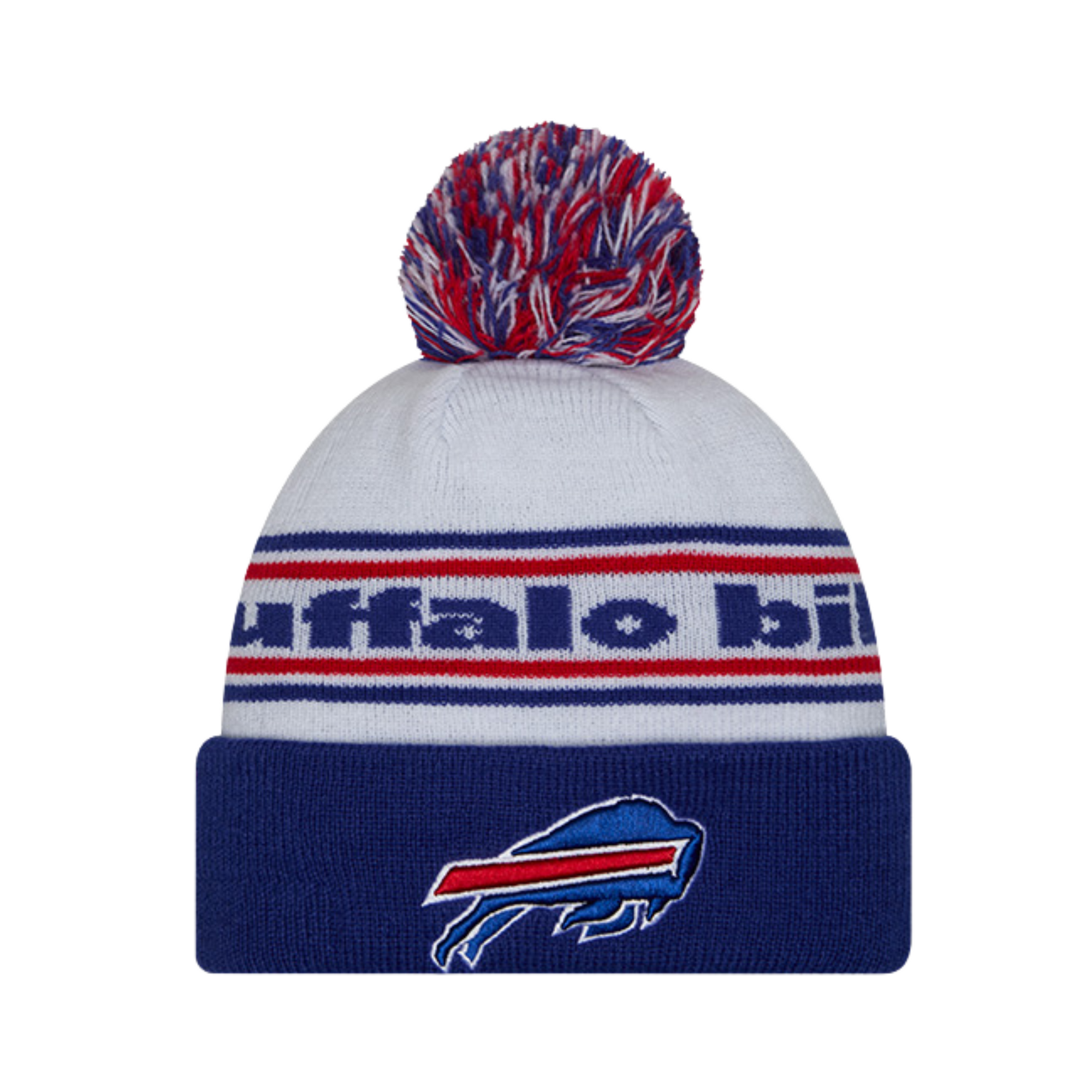 Youth New Era Bills White & Royal Knit Pom