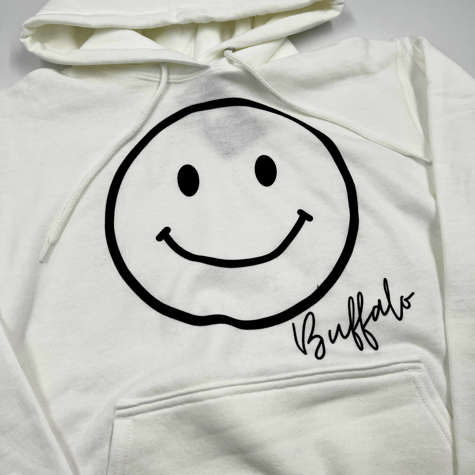 Smiley Face With Buffalo Wordmark White Hoodie