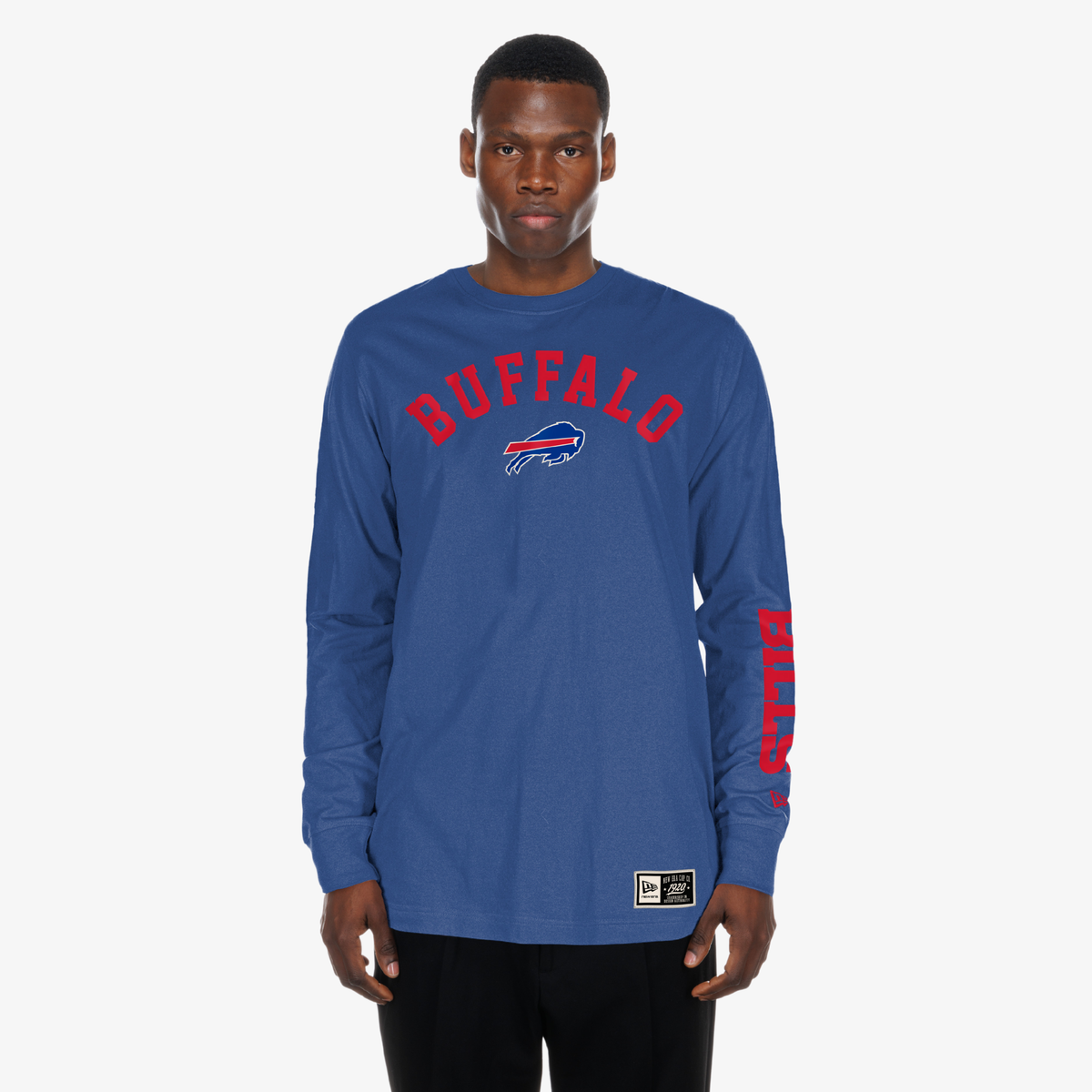 New Era Buffalo Bills blue long sleeve T-shirt with red BUFFALO wordmark and team logo