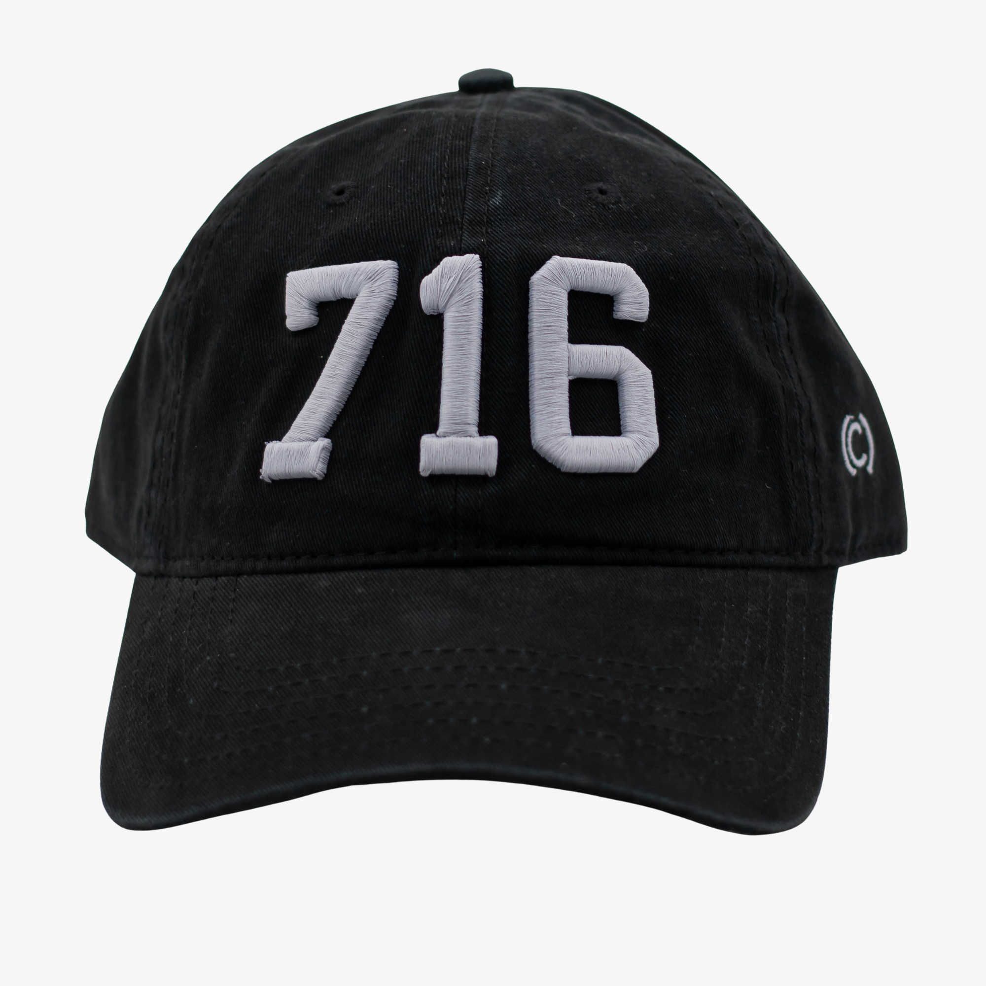Black cap with '716' embroidered on a white background