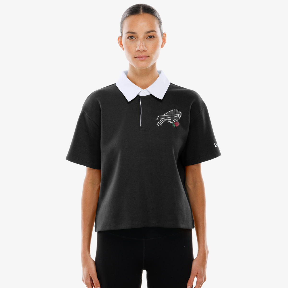 New Era Women's Buffalo Bills black rugby polo with white collar, embroidered team logo and rose detail
