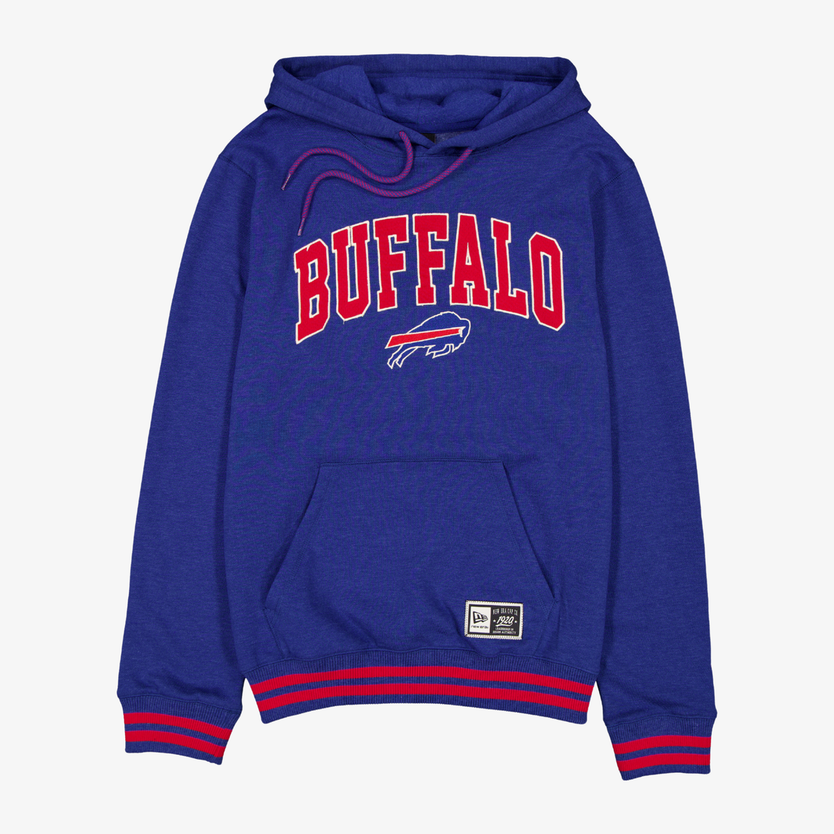New Era Buffalo Bills royal blue hoodie with red BUFFALO wordmark and team logo