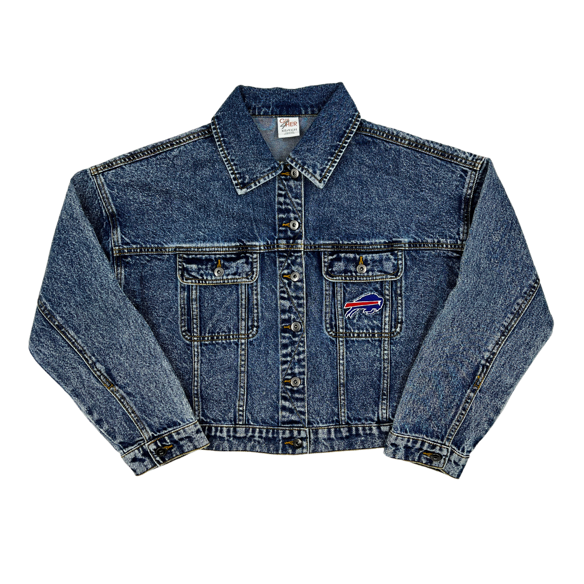 Women's Buffalo Bills Oversized Cropped Denim Jacket | The BFLO Store Women's Buffalo Bills Oversized Cropped Denim Jacket | The BFLO Store