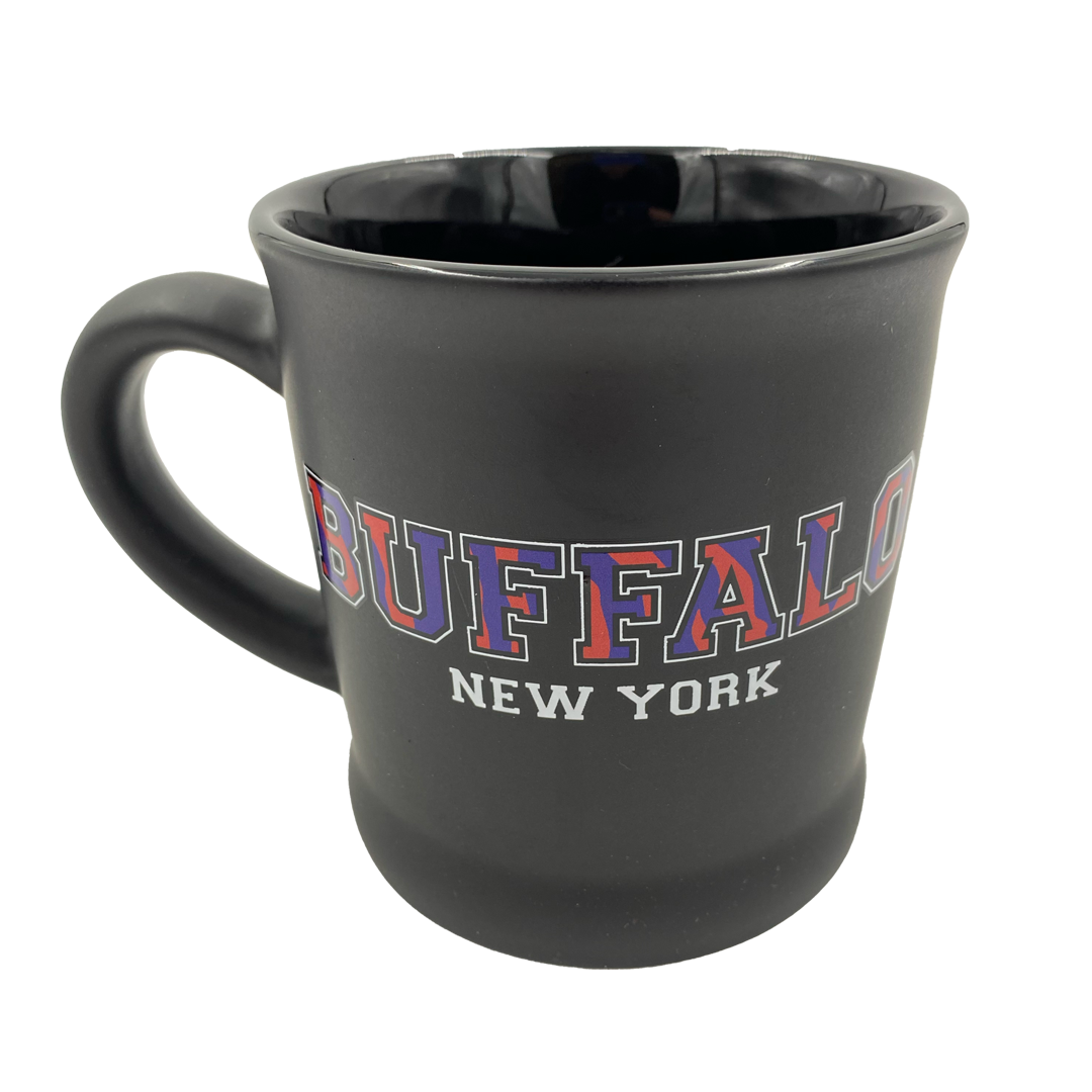Buffalo, NY With Red & Blue Bison Black Mug