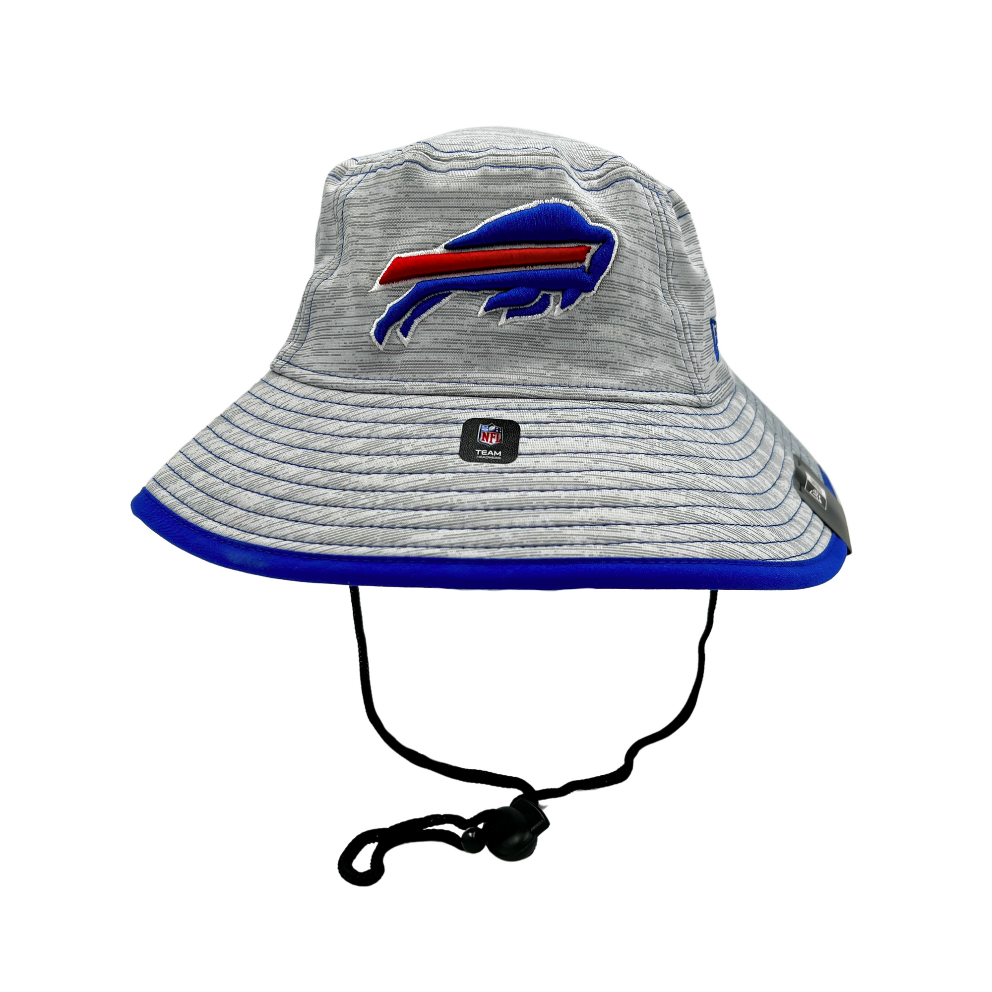 New Era Buffalo Bills Heather Gray Bucket Hat with charging buffalo logo