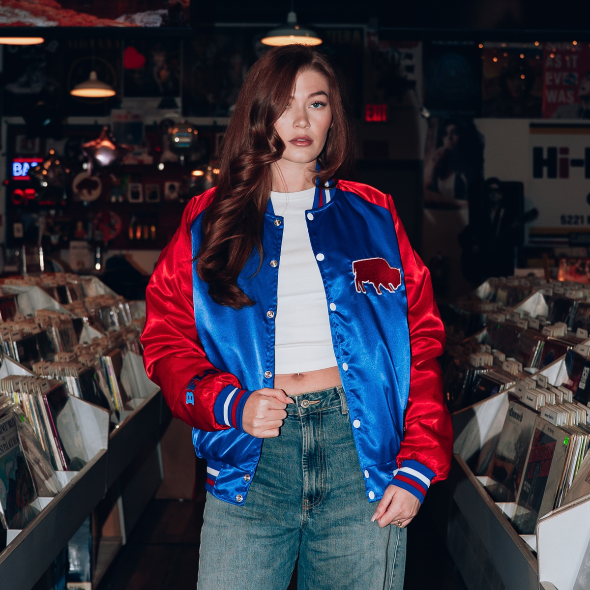 The Killers x The BFLO Store royal blue and red satin bomber jacket with standing buffalo patch