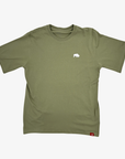 An olive green short-sleeve t-shirt with a small white bison logo on the left chest and a small red tag on the bottom hem, displayed flat against a light gray background.