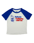 Women's BFLO x Labatt Nobody Tailgates Like Us! White & Royal Baby Tee