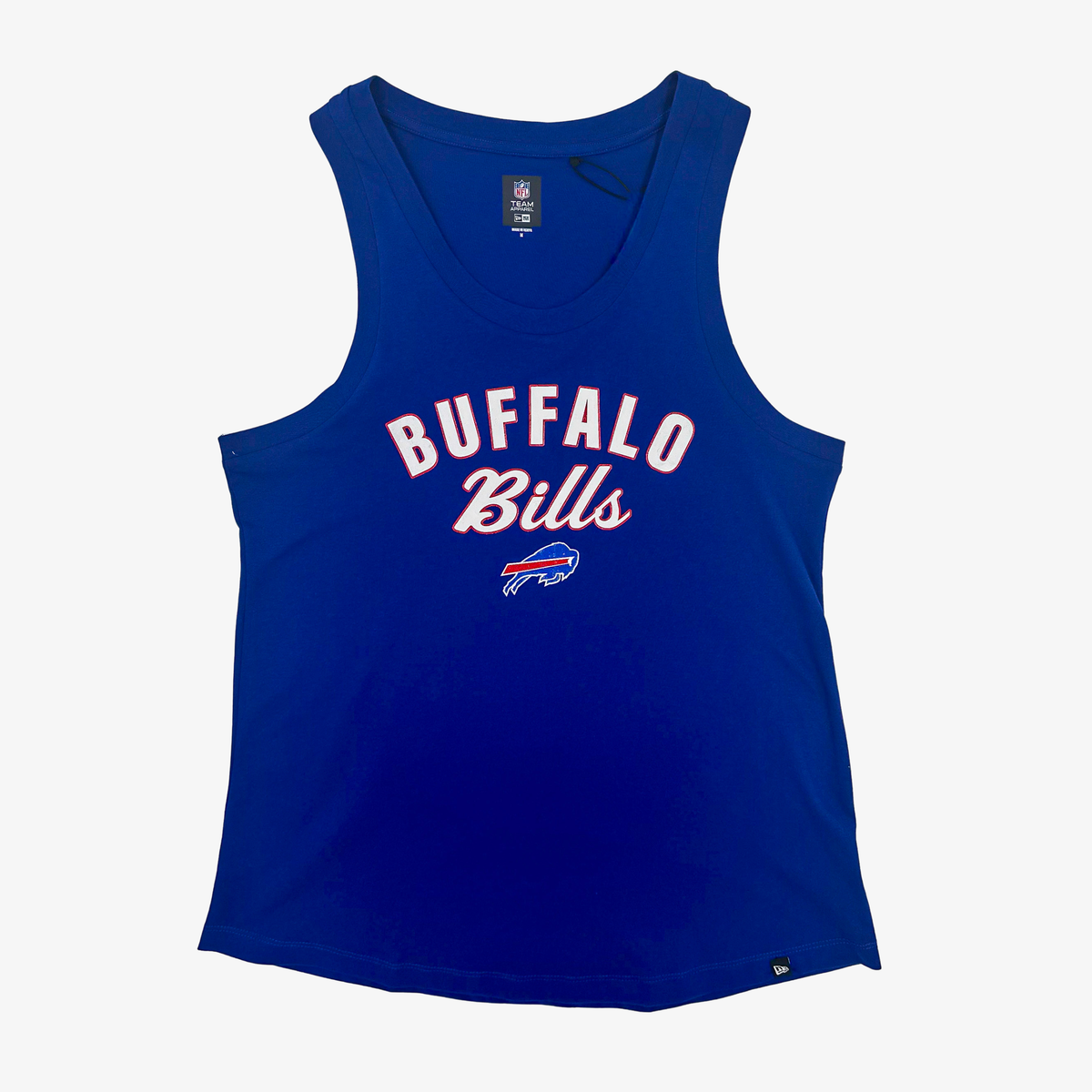 New Era women's Buffalo Bills royal blue sleeveless tank top with white arched BUFFALO lettering, Bills script and charging buffalo logo