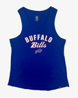 New Era women's Buffalo Bills royal blue sleeveless tank top with white arched BUFFALO lettering, Bills script and charging buffalo logo