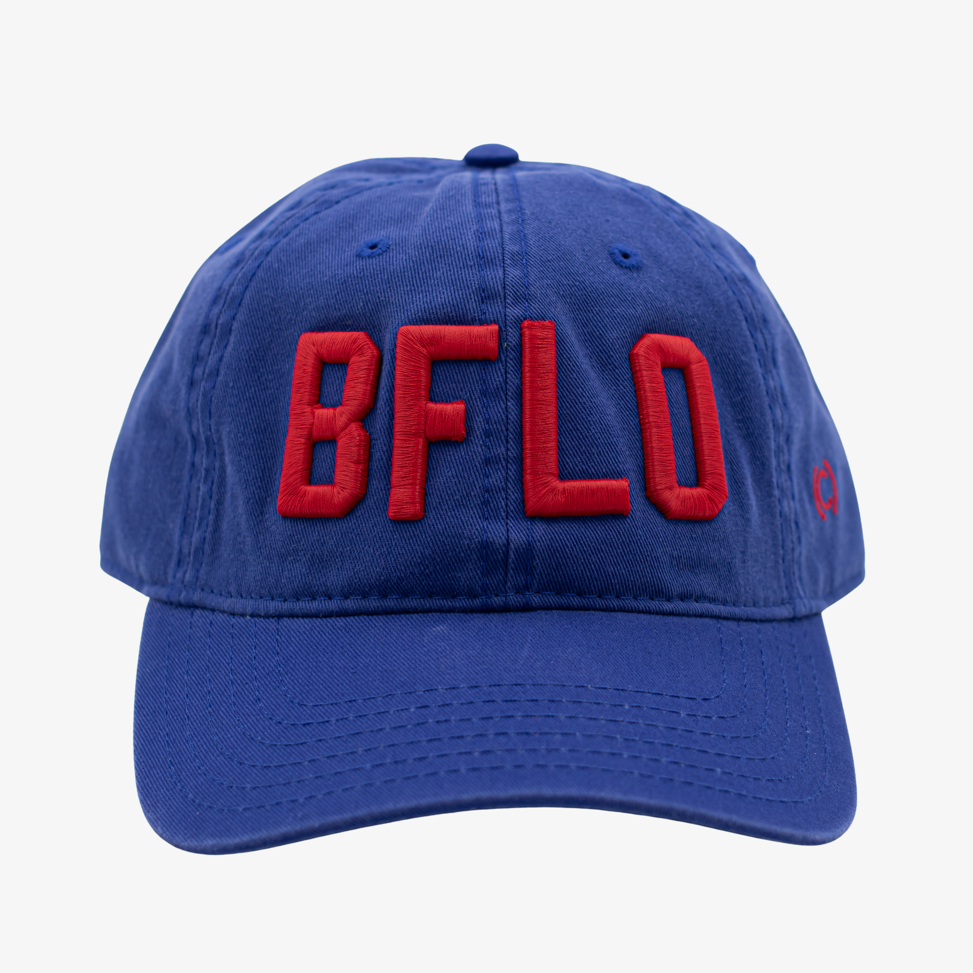 Blue cap with red 'BFLO' text on a white background