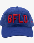 Blue cap with red 'BFLO' text on a white background